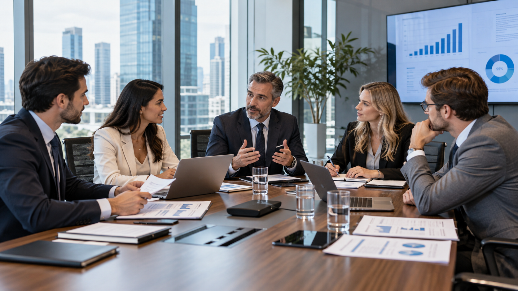 Council members meeting in a boardroom overlooking the city