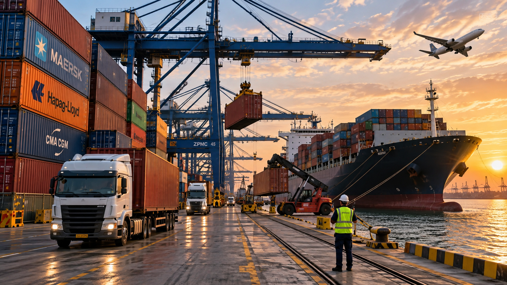 Port terminal with cranes, containers, trucks and a cargo plane at sunset